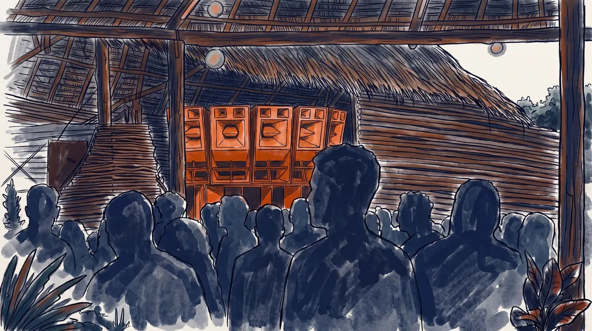 Drawing of the ngoma hall: the crowd facing the stacks under the thatched roof