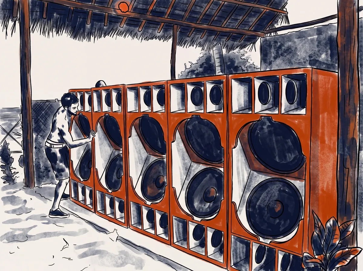 Drawing of the Sole Sound System stack being set up under the thatch