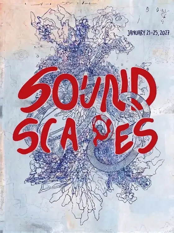 Soundscapes save-the-date poster: hand-lettered wordmark over a blue ballpoint drawing, 21–25 January 2027
